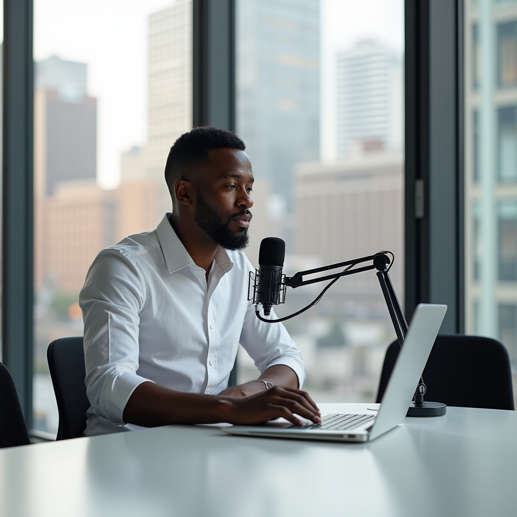 Chicago professional in a small business setting recording a podcast episode with minimal equipment