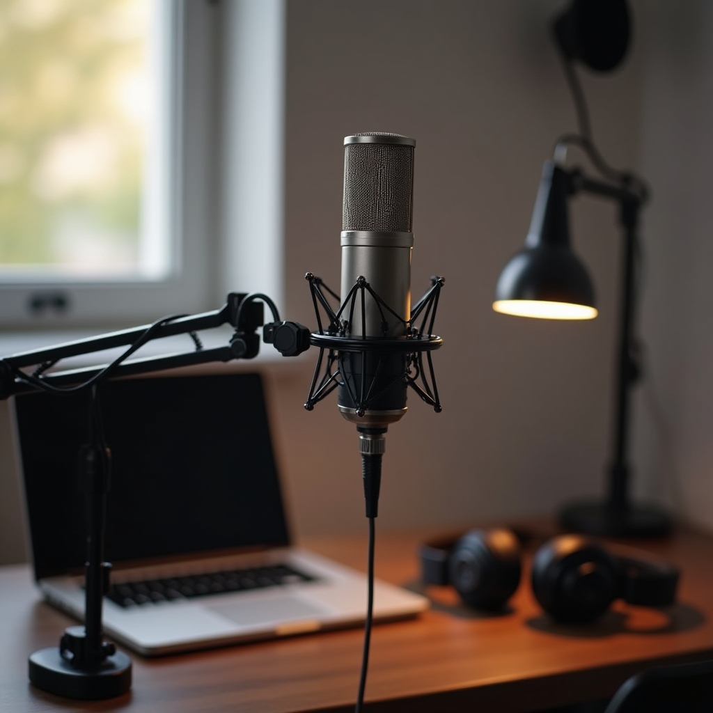 Professional podcast microphone on a clean desk with recording equipment