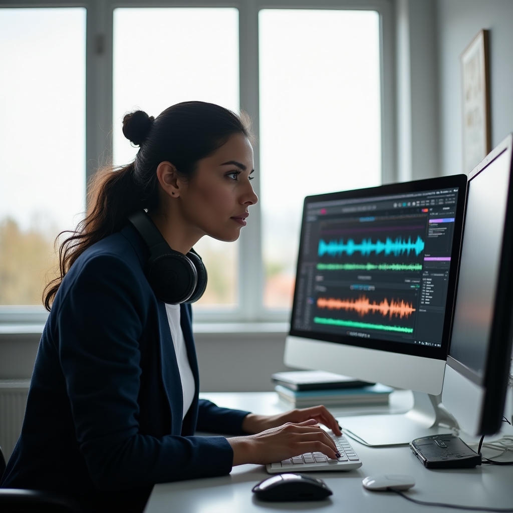 Professional reviewing audio waveform on a computer screen in a home studio setting