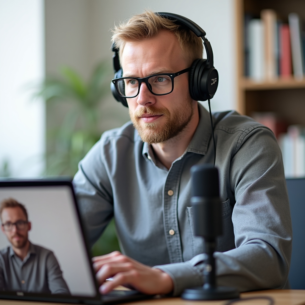 Person wearing headphones recording a remote podcast interview on a laptop in a home office