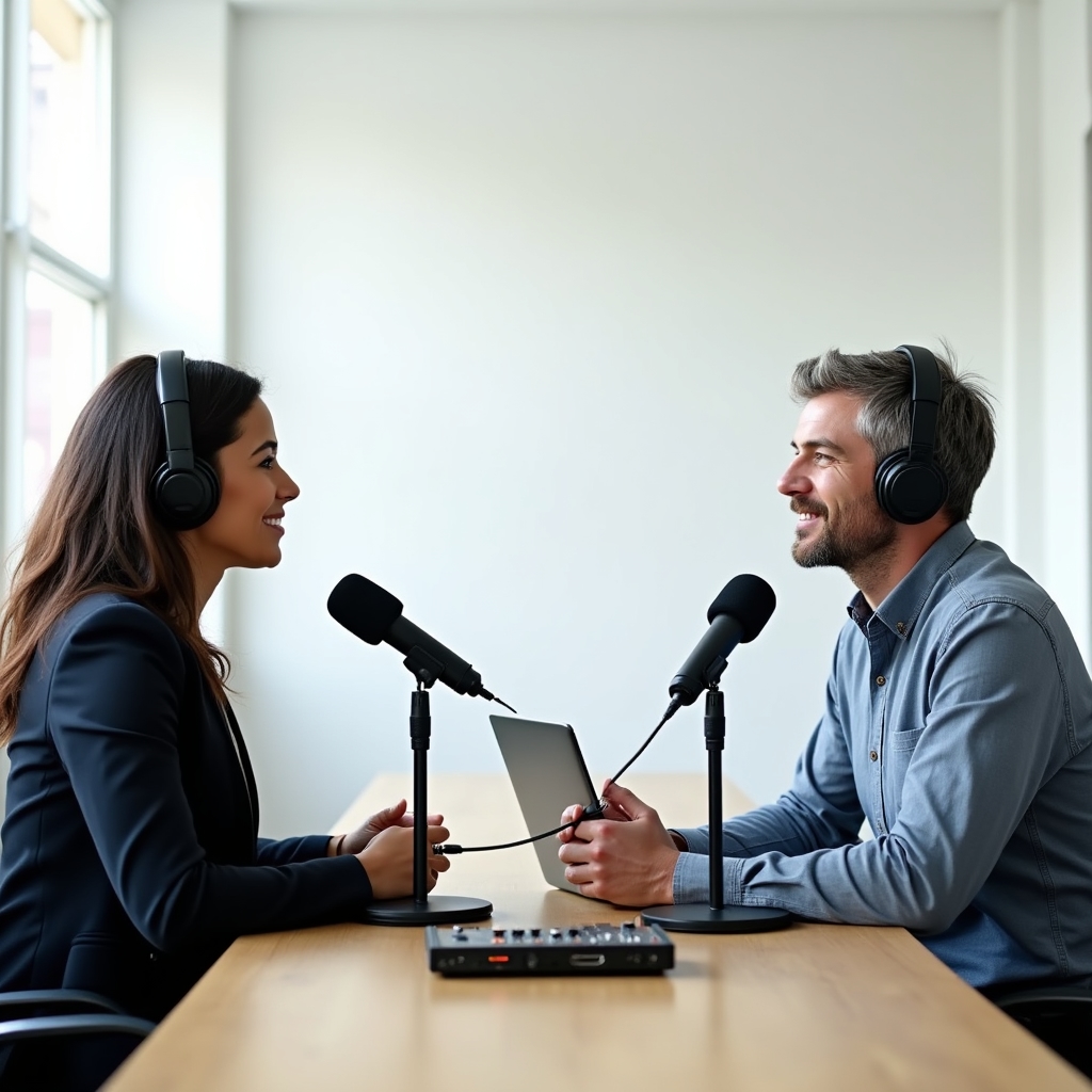 Two professionals at a small business recording a podcast episode together at a shared desk with microphones